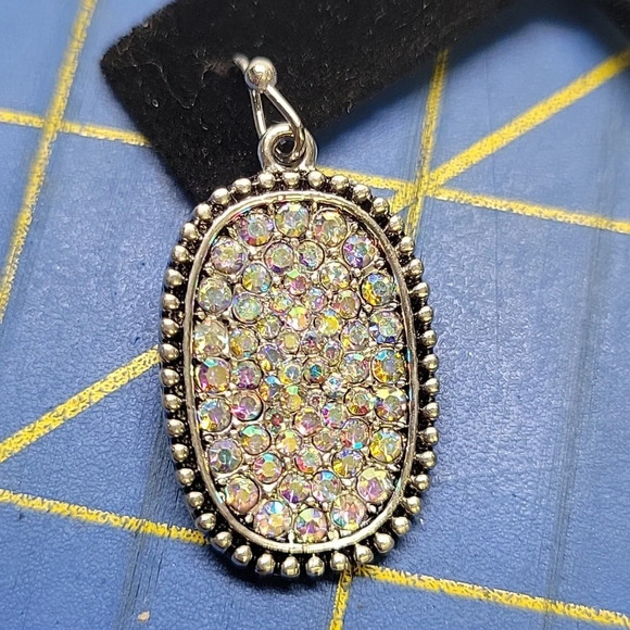 Iridescent Rhinestone 1" x 0.5" Silver Tone Earrings - Picture 3 of 3